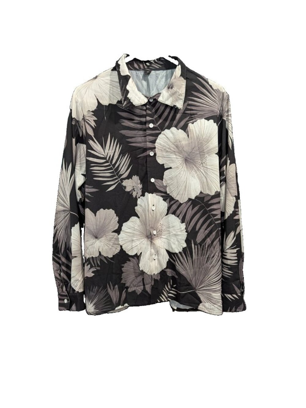 NEW Women's XL Long Sleeve Button Up Blouse Black Gray White Palm Tropical Top - Picture 3 of 8